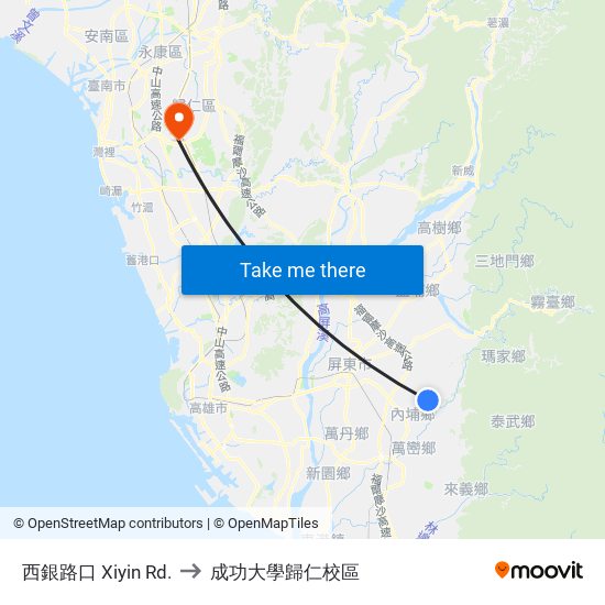 西銀路口 Xiyin Rd. to 成功大學歸仁校區 map