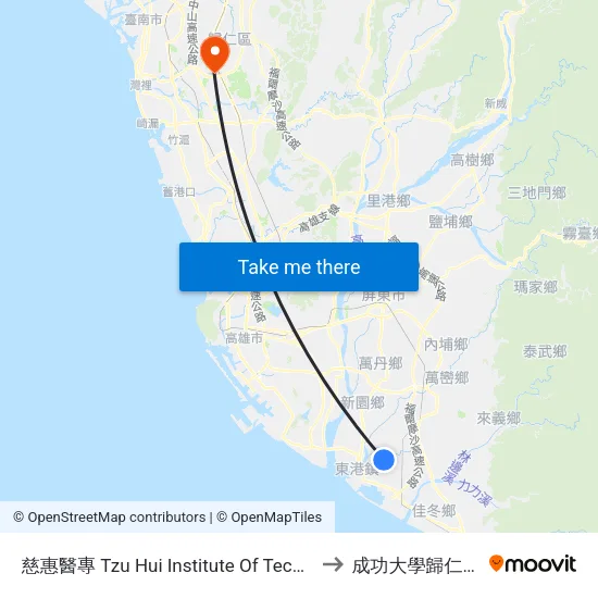 慈惠醫專 Tzu Hui Institute Of Technology to 成功大學歸仁校區 map