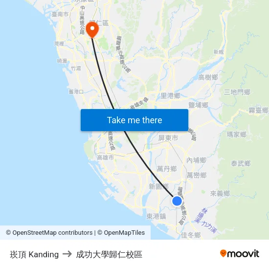 崁頂 Kanding to 成功大學歸仁校區 map
