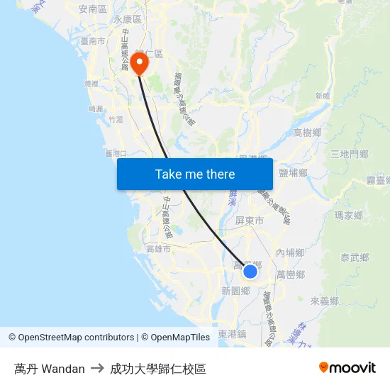萬丹 Wandan to 成功大學歸仁校區 map