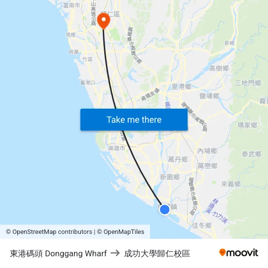 東港碼頭 Donggang Wharf to 成功大學歸仁校區 map