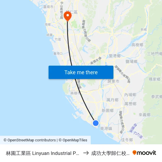 林園工業區 Linyuan Industrial Park to 成功大學歸仁校區 map