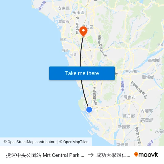 捷運中央公園站 Mrt Central Park Station to 成功大學歸仁校區 map