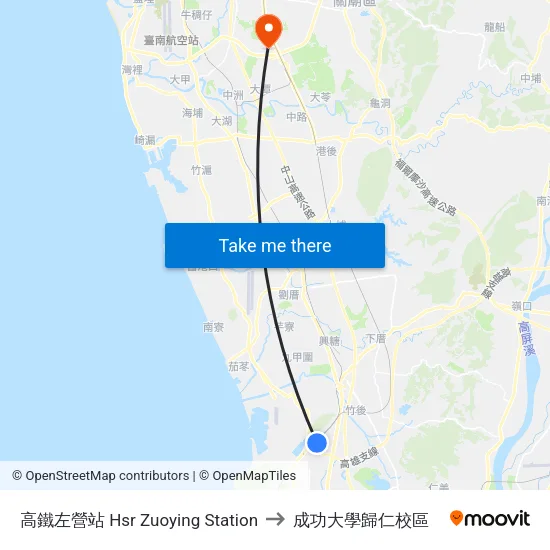 高鐵左營站 Hsr Zuoying Station to 成功大學歸仁校區 map