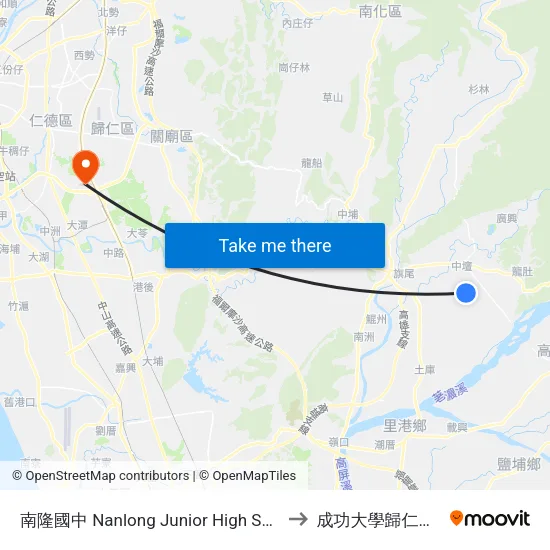 南隆國中 Nanlong Junior High School to 成功大學歸仁校區 map