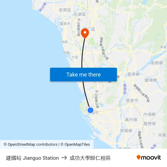 建國站 Jianguo Station to 成功大學歸仁校區 map