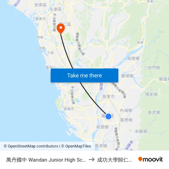 萬丹國中 Wandan Junior High School to 成功大學歸仁校區 map