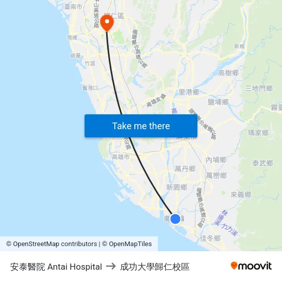 安泰醫院 Antai Hospital to 成功大學歸仁校區 map