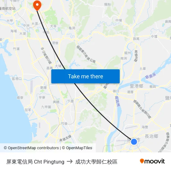 屏東電信局 Cht Pingtung to 成功大學歸仁校區 map