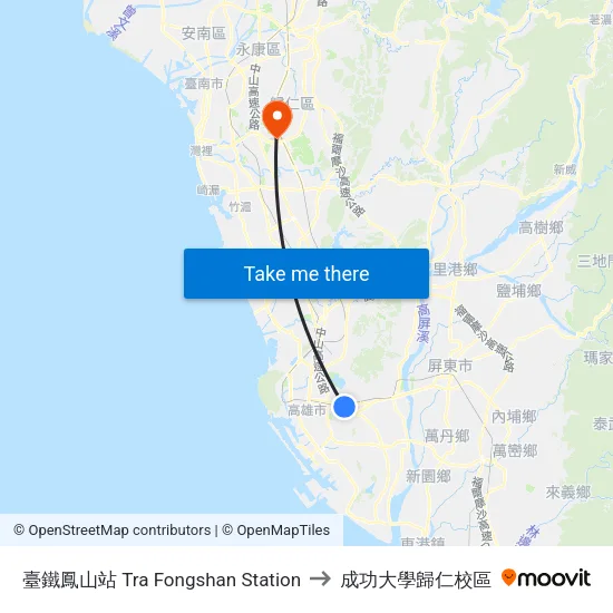 臺鐵鳳山站 Tra Fongshan Station to 成功大學歸仁校區 map
