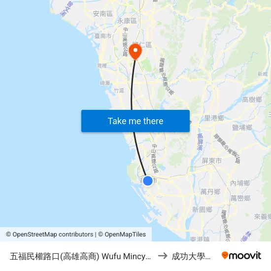 五福民權路口(高雄高商) Wufu Mincyuan Rd. Intersection to 成功大學歸仁校區 map
