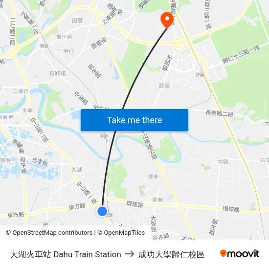 大湖火車站 Dahu Train Station to 成功大學歸仁校區 map