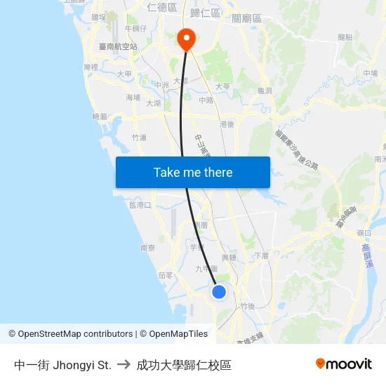 中一街 Jhongyi St. to 成功大學歸仁校區 map