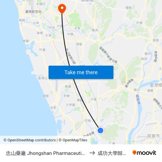 忠山藥廠 Jhongshan Pharmaceutical Factory to 成功大學歸仁校區 map