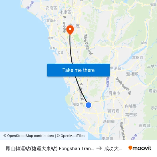 鳳山轉運站(捷運大東站) Fongshan Transfer Station(Mrt Dadong Station) to 成功大學歸仁校區 map