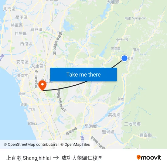 上直瀨 Shangjhihlai to 成功大學歸仁校區 map