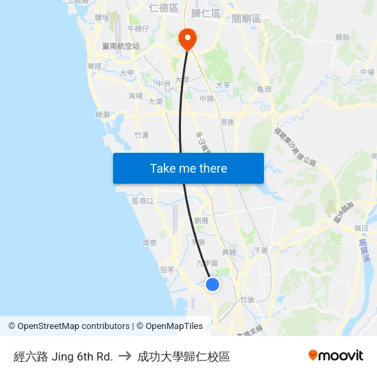 經六路 Jing 6th Rd. to 成功大學歸仁校區 map