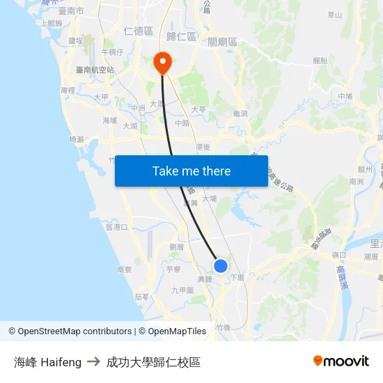 海峰 Haifeng to 成功大學歸仁校區 map