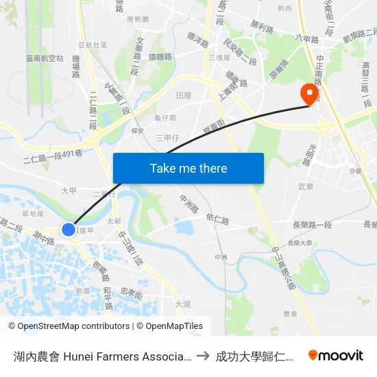湖內農會 Hunei Farmers Association to 成功大學歸仁校區 map