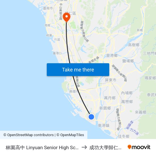 林園高中 Linyuan Senior High School to 成功大學歸仁校區 map