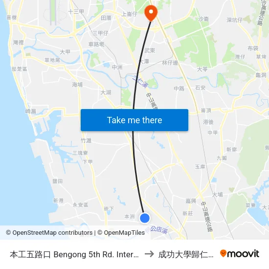 本工五路口 Bengong 5th Rd. Intersection to 成功大學歸仁校區 map