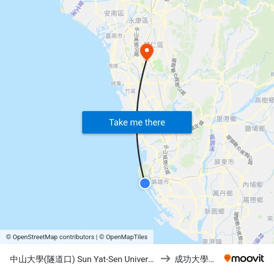 中山大學(隧道口) Sun Yat-Sen University(Tunnel Entrance) to 成功大學歸仁校區 map