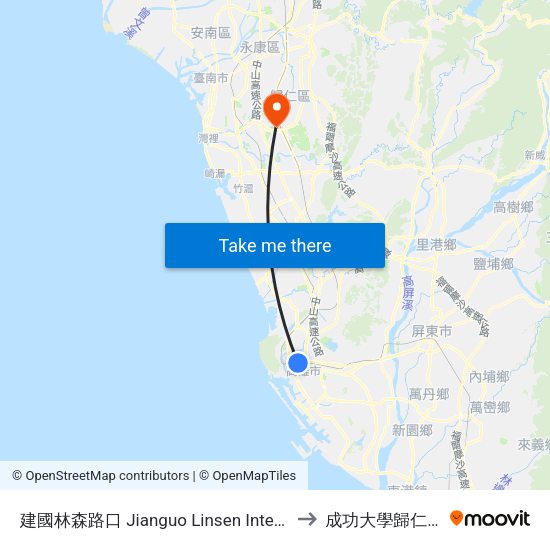 建國林森路口 Jianguo Linsen Intersection to 成功大學歸仁校區 map
