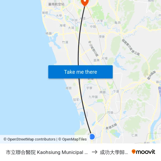 市立聯合醫院 Kaohsiung Municipal United Hospital to 成功大學歸仁校區 map