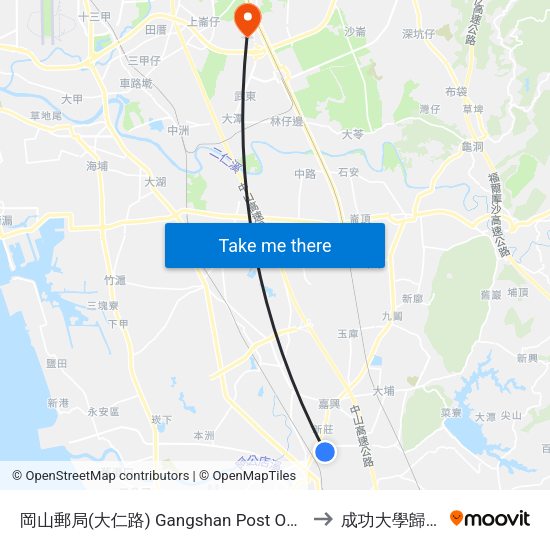 岡山郵局(大仁路) Gangshan Post Office(Daren Rd.) to 成功大學歸仁校區 map