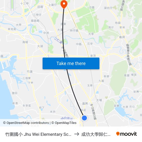 竹圍國小 Jhu Wei Elementary School to 成功大學歸仁校區 map
