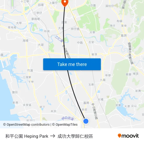 和平公園 Heping Park to 成功大學歸仁校區 map