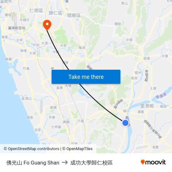 佛光山 Fo Guang Shan to 成功大學歸仁校區 map