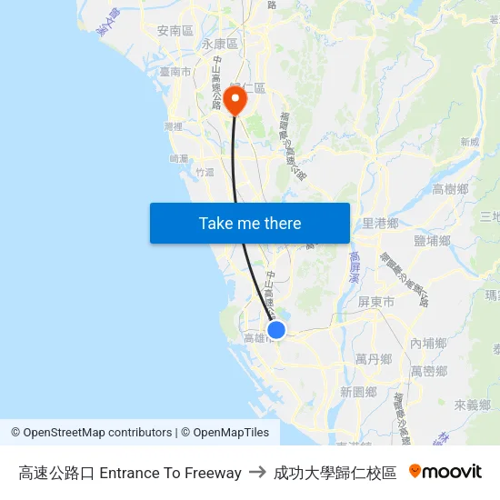 高速公路口 Entrance To Freeway to 成功大學歸仁校區 map