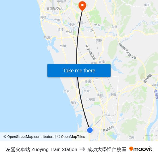 左營火車站 Zuoying Train Station to 成功大學歸仁校區 map