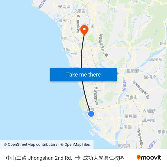 中山二路 Jhongshan 2nd Rd. to 成功大學歸仁校區 map