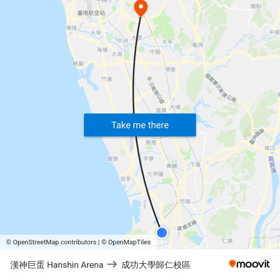 漢神巨蛋 Hanshin Arena to 成功大學歸仁校區 map