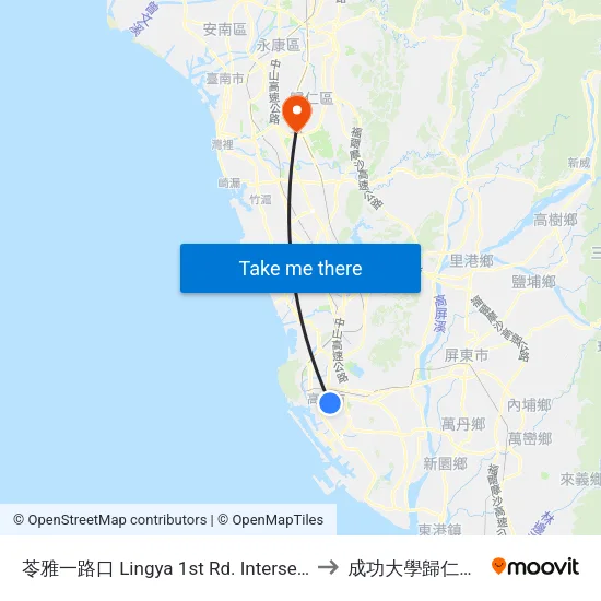 苓雅一路口 Lingya 1st Rd. Intersection to 成功大學歸仁校區 map