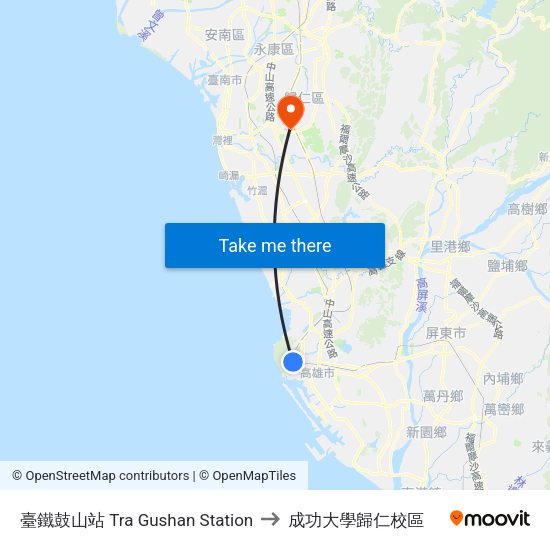 臺鐵鼓山站 Tra Gushan Station to 成功大學歸仁校區 map