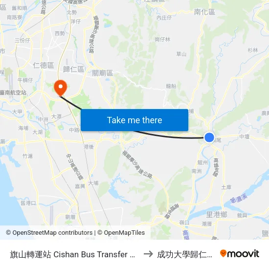 旗山轉運站 Cishan Bus Transfer Station to 成功大學歸仁校區 map