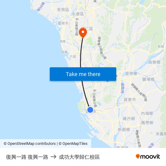 復興一路 復興一路 to 成功大學歸仁校區 map