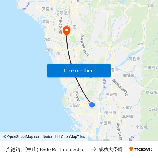 八德路口(中庄) Bade Rd. Intersection (Jhongjhuang) to 成功大學歸仁校區 map