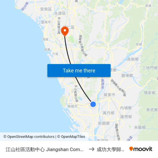 江山社區活動中心 Jiangshan Community Center to 成功大學歸仁校區 map