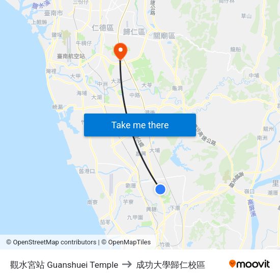 觀水宮站 Guanshuei Temple to 成功大學歸仁校區 map