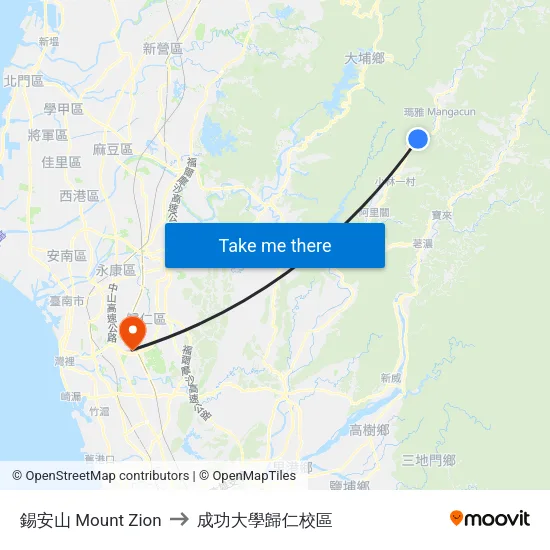 錫安山 Mount Zion to 成功大學歸仁校區 map