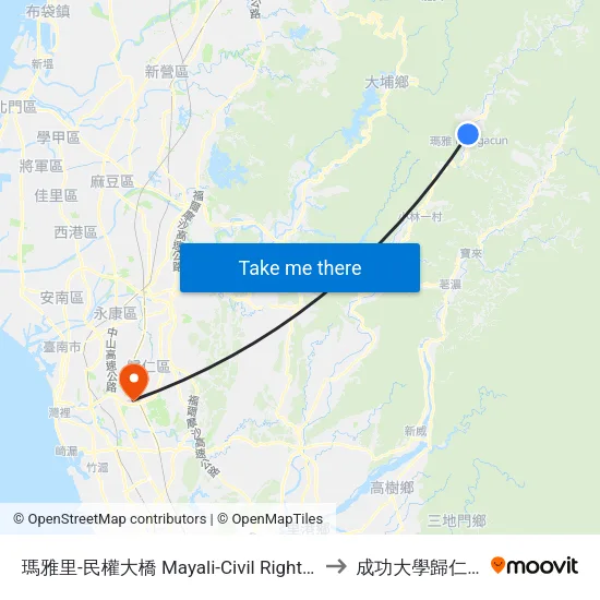 瑪雅里-民權大橋 Mayali-Civil Rights Bridge to 成功大學歸仁校區 map