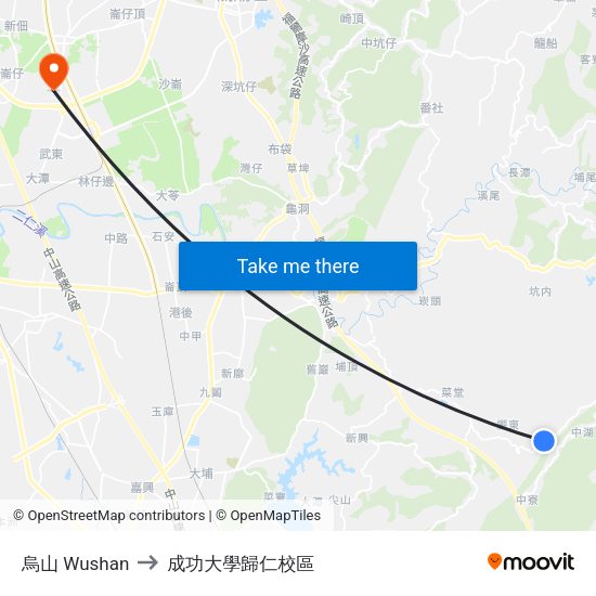 烏山 Wushan to 成功大學歸仁校區 map
