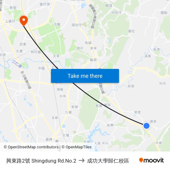 興東路2號 Shingdung Rd.No.2 to 成功大學歸仁校區 map