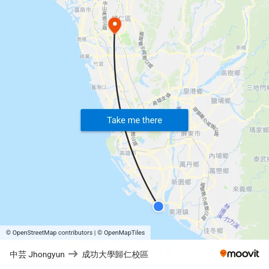 中芸 Jhongyun to 成功大學歸仁校區 map