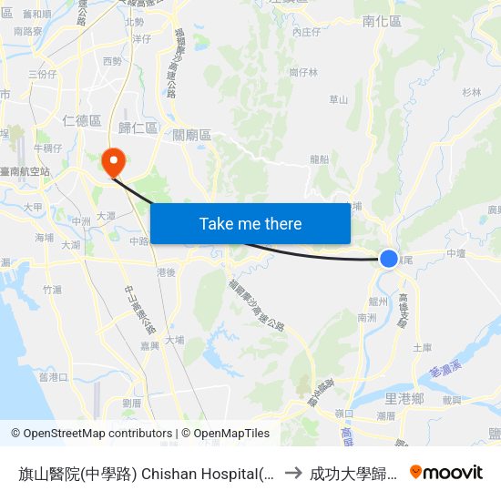 旗山醫院(中學路) Chishan Hospital(Zhongxue Rd.) to 成功大學歸仁校區 map