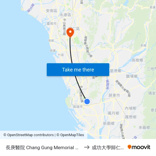 長庚醫院 Chang Gung Memorial Hospital to 成功大學歸仁校區 map